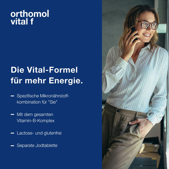 Orthomol Vital f für Frauen - bei Müdigkeit - mit B-Vitaminen, Omega-3-Fettsäuren und Magnesium - Orangen-Geschmack - Granulat/Tabletten/Kapseln, 30 pc Portions quotidiennes