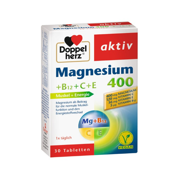 Doppelherz aktiv Magnesium 400 + B12 + C + E Tabletten für den Energiestoffwechsel und die Muskelfunktion, 30 pc Tablettes