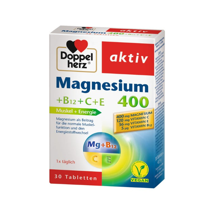 Doppelherz aktiv Magnesium 400 + B12 + C + E Tabletten für den Energiestoffwechsel und die Muskelfunktion, 30 St. Tabletten