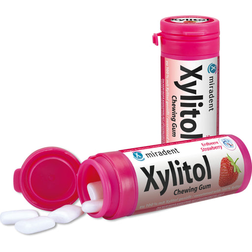 Miradent Xylitol Kaugummi Erdbeere für Kinder, 30 g Kaugummi