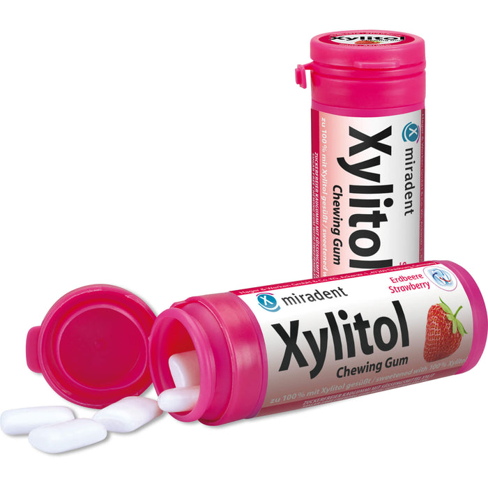 Miradent Xylitol Kaugummi Erdbeere für Kinder, 30 g Kaugummi