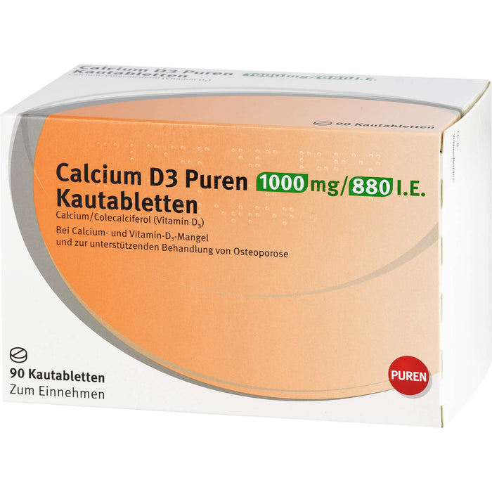 PUREN Calcium D3 1000 mg/880 I.E. Kautabletten zur unterstützenden Behandlung von Osteoporose, 90 pc Tablettes