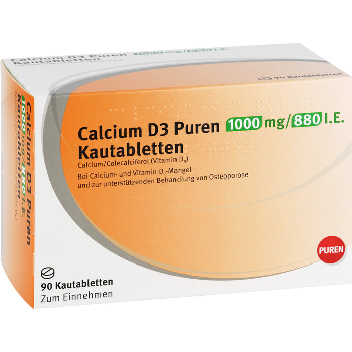 PUREN Calcium D3 1000 mg/880 I.E. Kautabletten zur unterstützenden Behandlung von Osteoporose, 90 pc Tablettes