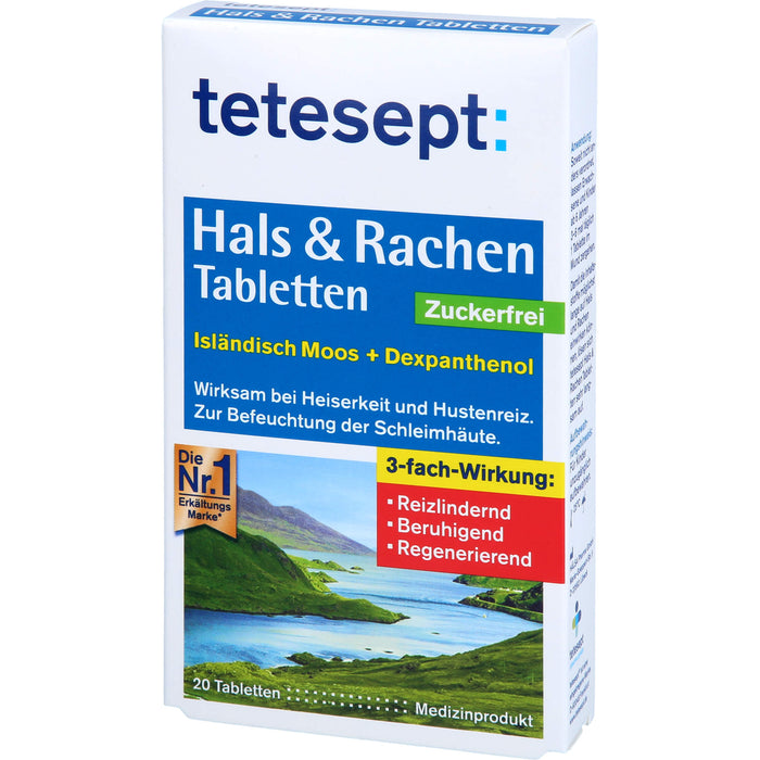 Tetesept Hals & Rachen Tabletten zuckerfrei zur Befeuchtung der Schleimhäute, 20 pc Tablettes