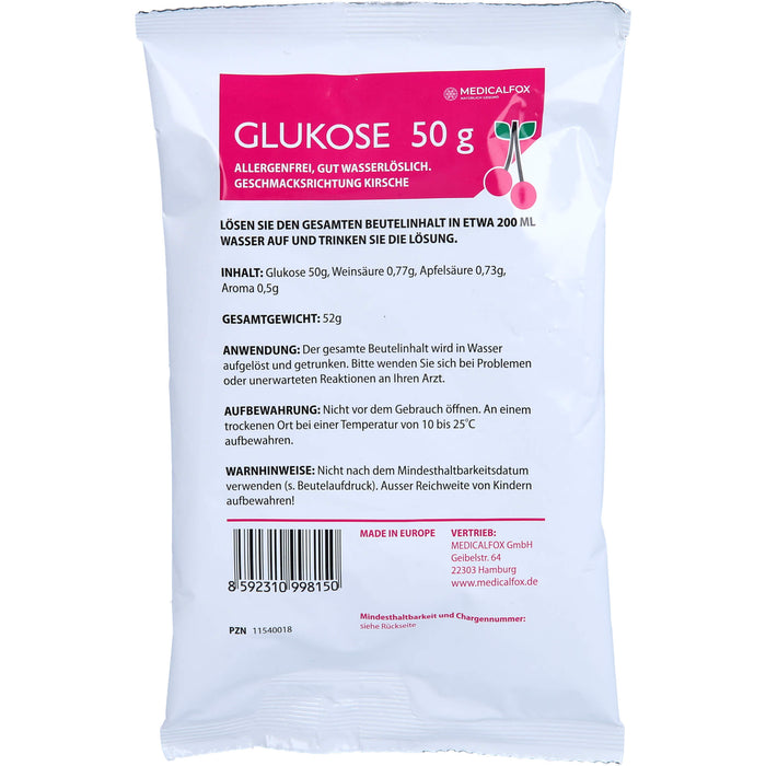 MEDICALFOX Glukose 50 g Pulver mit Kirschgeschmack, 50 g Pulver