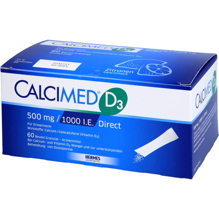 Calcimed D3 500 mg / 1000 I.E. Direct Granulat bei Calcium- und Vitamin D3 Mangel und zur unterstützenden Behandlung von Osteoporose, 60 pcs. Sachets