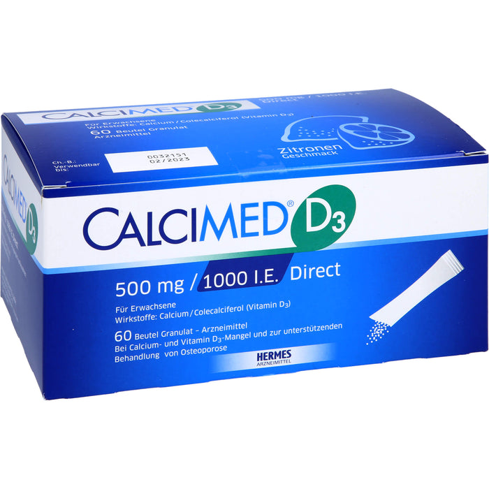 Calcimed D3 500 mg / 1000 I.E. Direct Granulat bei Calcium- und Vitamin D3 Mangel und zur unterstützenden Behandlung von Osteoporose, 60 pcs. Sachets