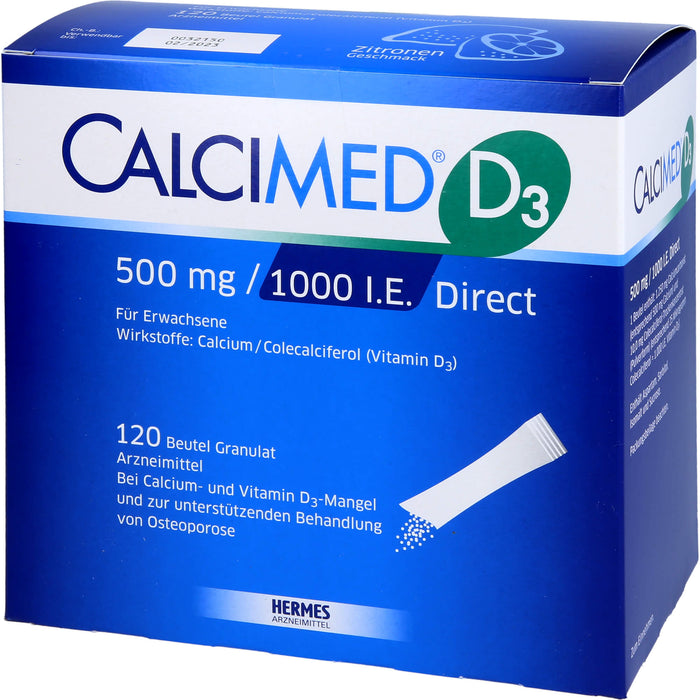 Calcimed D3 500 mg / 1000 I.E. Direct Granulat bei Calcium- und Vitamin D3-Mangel, 120 St. Beutel