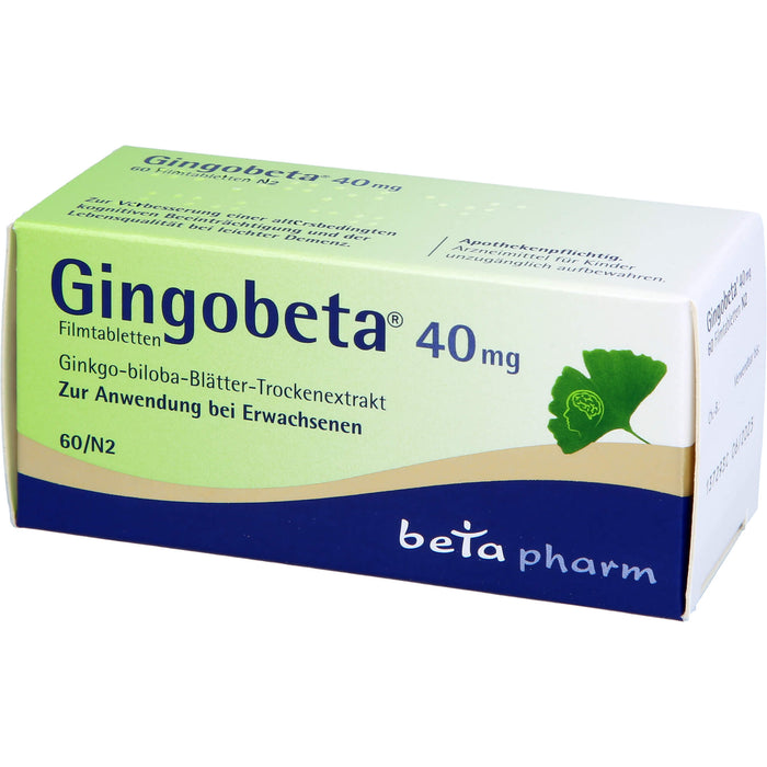 Gingobeta 40 mg Filmtabletten zur Unterstützung von Gedächtnis und Konzentration, 60 pc Tablettes