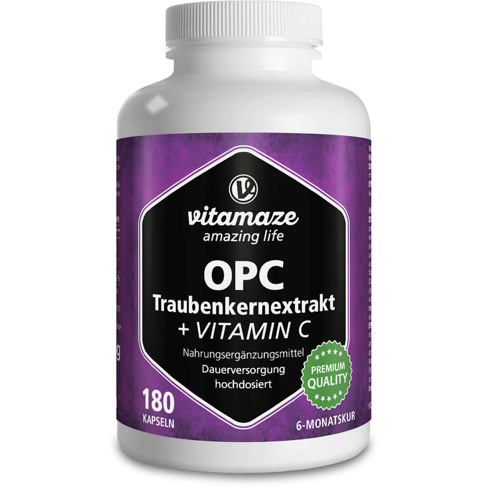 Vitamaze OPC Traubenkernextrakt hochdosiert + Vitamin C Kapseln, 180 St. Kapseln