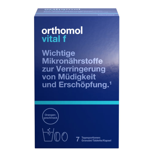 Orthomol Vital f für Frauen - bei Müdigkeit - mit B-Vitaminen, Omega-3-Fettsäuren und Magnesium - Orangen-Geschmack - Granulat/Tabletten/Kapseln, 7 St. Tagesportionen