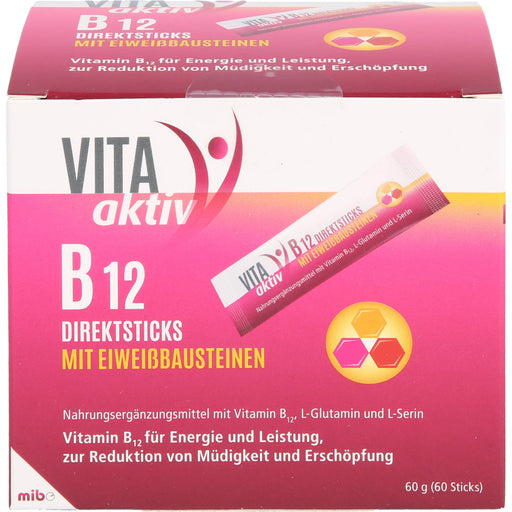 VITA aktiv B12 Direktsticks mit Eiweißbausteinen für Energie und Leistung zur Reduktion von Müdigkeit und Erschöpfung, 60 St. Beutel