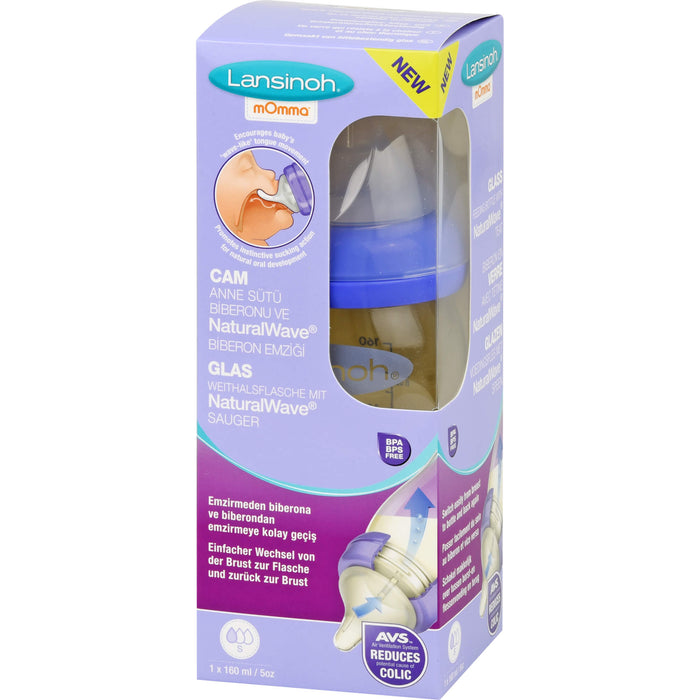 Lansinoh Glas Weithalsflasche 160ml mit Sauger S, 1 pcs. Bottles