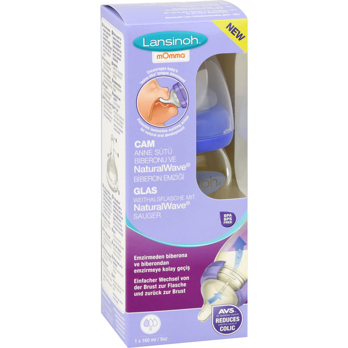 Lansinoh Glas Weithalsflasche 160ml mit Sauger S, 1 pcs. Bottles