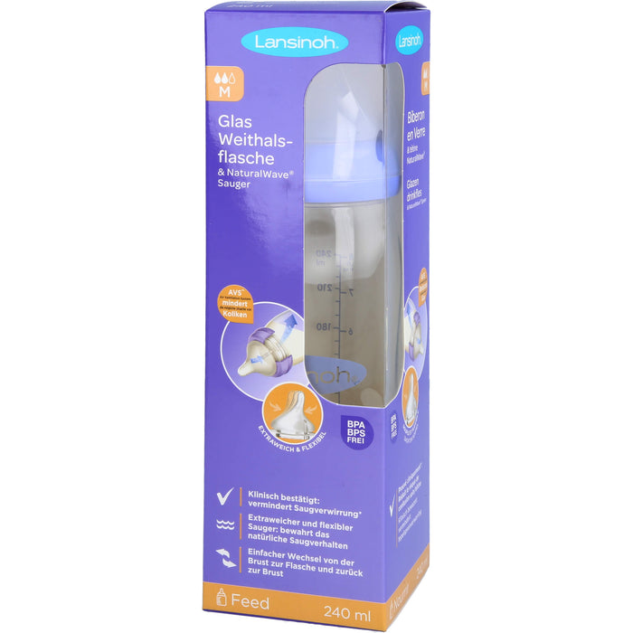 Lansinoh Glas Weithalsflasche 240 ml mit Natural Wave Silikonsauger M, 1 pc Aspirateur