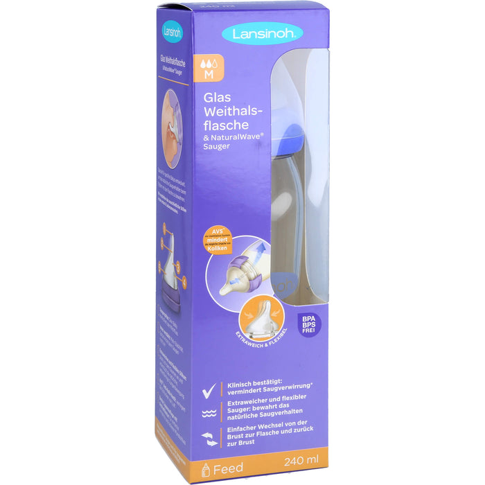 Lansinoh Glas Weithalsflasche 240 ml mit Natural Wave Silikonsauger M, 1 pc Aspirateur