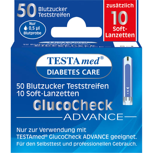 Testamed GlucoCheck Advance 50 Blutzucker Teststreifen mit 10 Soft-Lanzetten, 1 St. Kombipackung