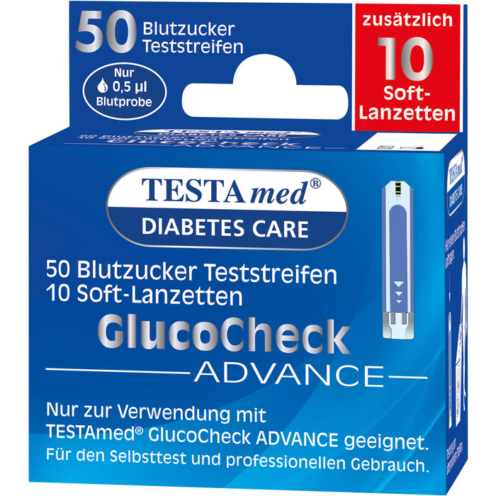 Testamed GlucoCheck Advance 50 Blutzucker Teststreifen mit 10 Soft-Lanzetten, 1 pc Paquet combiné
