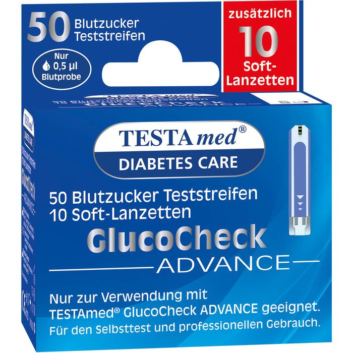 Testamed GlucoCheck Advance 50 Blutzucker Teststreifen mit 10 Soft-Lanzetten, 1 pc Paquet combiné