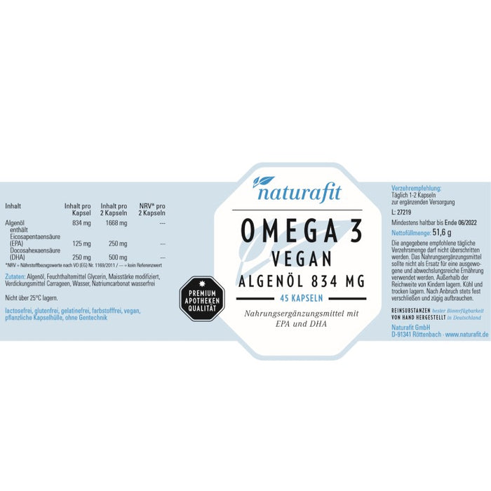 naturafit Omega 3 vegan Algenöl 834 mg Kapseln, 45 pcs. Capsules