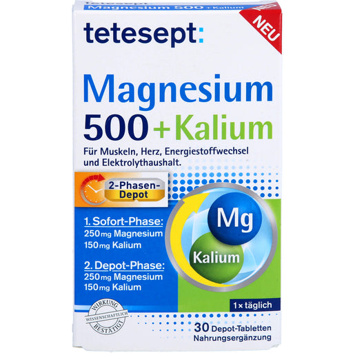 Tetesept Magnesium 500 + Kalium Depot-Tabletten für Muskeln, Herz, Energiestoffwechsel und Elektrolythaushalt, 30 St. Tabletten