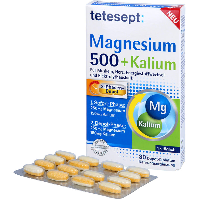 Tetesept Magnesium 500 + Kalium Depot-Tabletten für Muskeln, Herz, Energiestoffwechsel und Elektrolythaushalt, 30 pcs. Tablets
