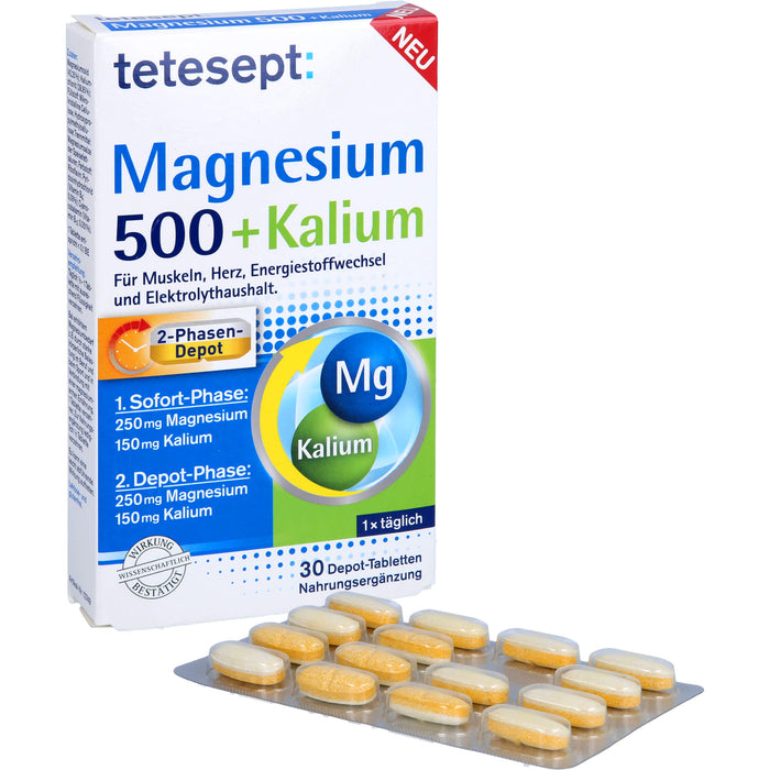 Tetesept Magnesium 500 + Kalium Depot-Tabletten für Muskeln, Herz, Energiestoffwechsel und Elektrolythaushalt, 30 pcs. Tablets