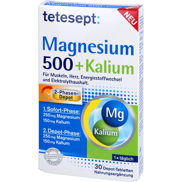 Tetesept Magnesium 500 + Kalium Depot-Tabletten für Muskeln, Herz, Energiestoffwechsel und Elektrolythaushalt, 30 pcs. Tablets