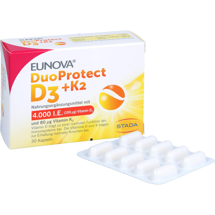 EUNOVA D3 + K2 DuoProtect 4.000 I.E.  Kapseln zur Erhaltung einer normalen Funktion des Immunsystems und normaler Knochen, 30 St. Kapseln