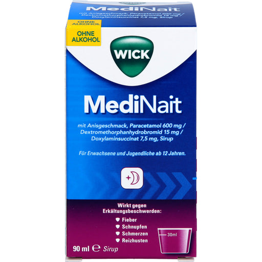 WICK MediNait mit Anisgeschmack Sirup zur effektiven Linderung von 6 Erkältungssymptomen ohne Alkohol ab 12 Jahren, 90 ml Lösung