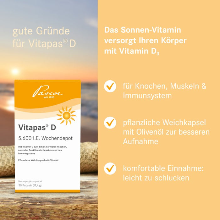 Vitapas D 5600 I.E. Wochendepot Kapseln zum Erhalt normaler Knochen, normaler Funktion der Muskeln und des Immunsystems, 30 pcs. Capsules
