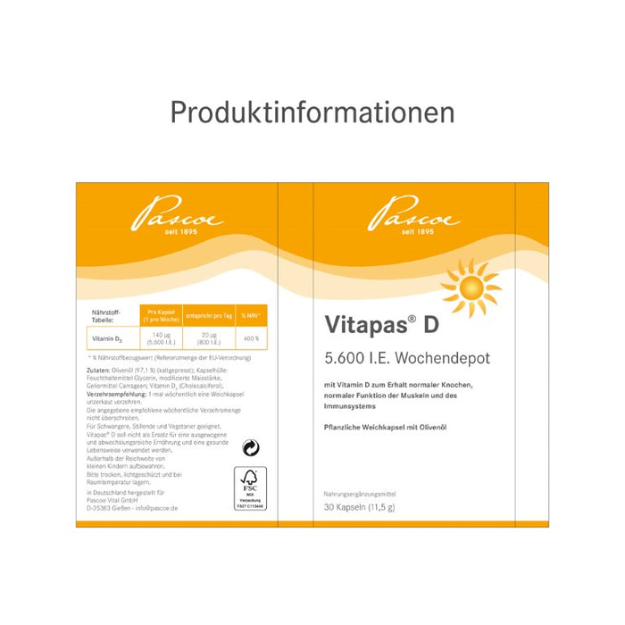 Vitapas D 5600 I.E. Wochendepot Kapseln zum Erhalt normaler Knochen, normaler Funktion der Muskeln und des Immunsystems, 30 pcs. Capsules
