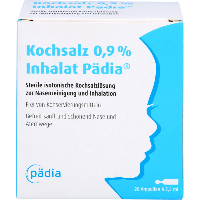 Kochsalz 0,9 % Inhalat Pädia sterile isotonische Kochsalzlösung zur Nasenreinigung und Inhalation, 20 pcs. Ampoules