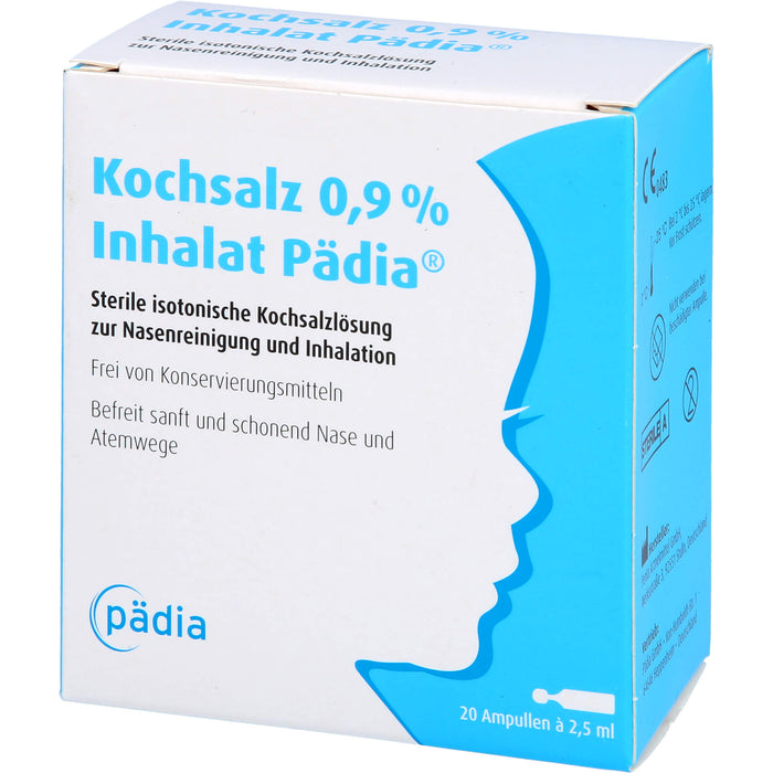 Kochsalz 0,9 % Inhalat Pädia sterile isotonische Kochsalzlösung zur Nasenreinigung und Inhalation, 20 pcs. Ampoules