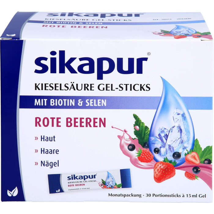 Sikapur Kieselsäure Gel-Sticks mit Biotin und Selen mit Rote Beeren-Geschmack für Haut, Haare und Nägel, 30 St. Sticks