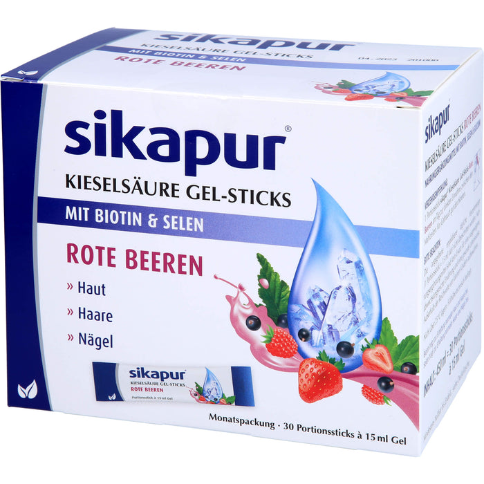 Sikapur Kieselsäure Gel-Sticks mit Biotin und Selen mit Rote Beeren-Geschmack für Haut, Haare und Nägel, 30 St. Sticks