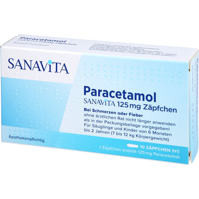 Paracetamol SANAVITA 125 mg Zäpfchen - für Säuglinge ab 6 Monate und Kleinkinder bis 2 Jahre (7 bis 12 kg Körpergewicht), 10 pc Suppositoires