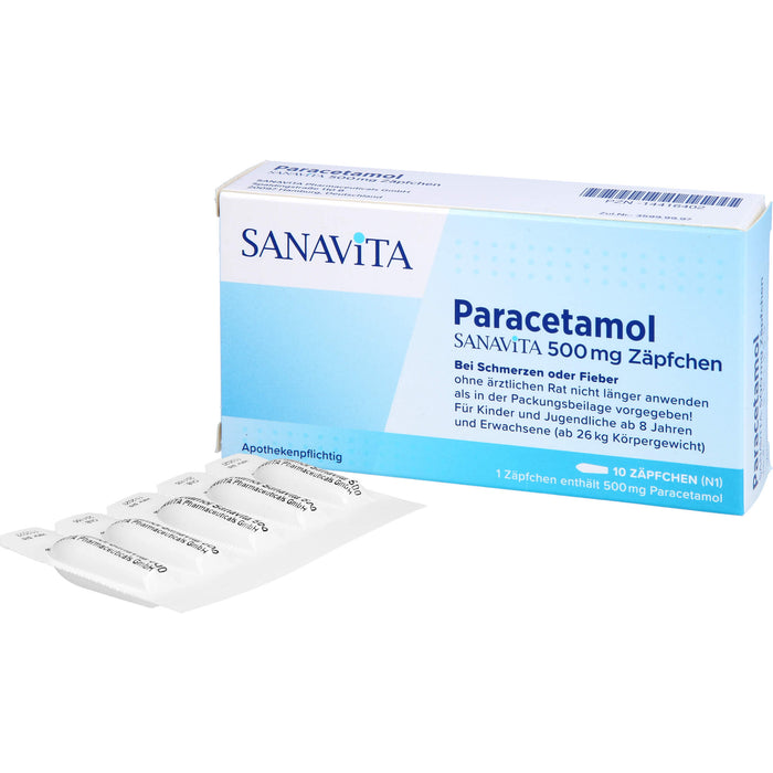 SANAVITA Paracetamol 500 mg Zäpfchen bei Schmerzen und Fieber, 10 pcs. Suppositories