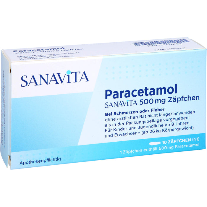 SANAVITA Paracetamol 500 mg Zäpfchen bei Schmerzen und Fieber, 10 pcs. Suppositories