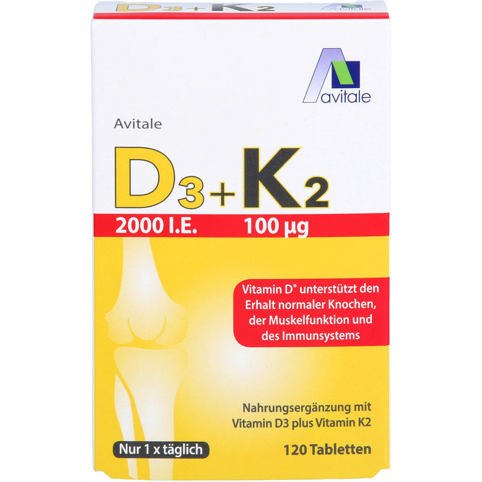 Avitale 2000 I.E. Vitamin D3 + K2 Tabletten unterstützt den Erhalt normaler Knochen, 120 St. Tabletten