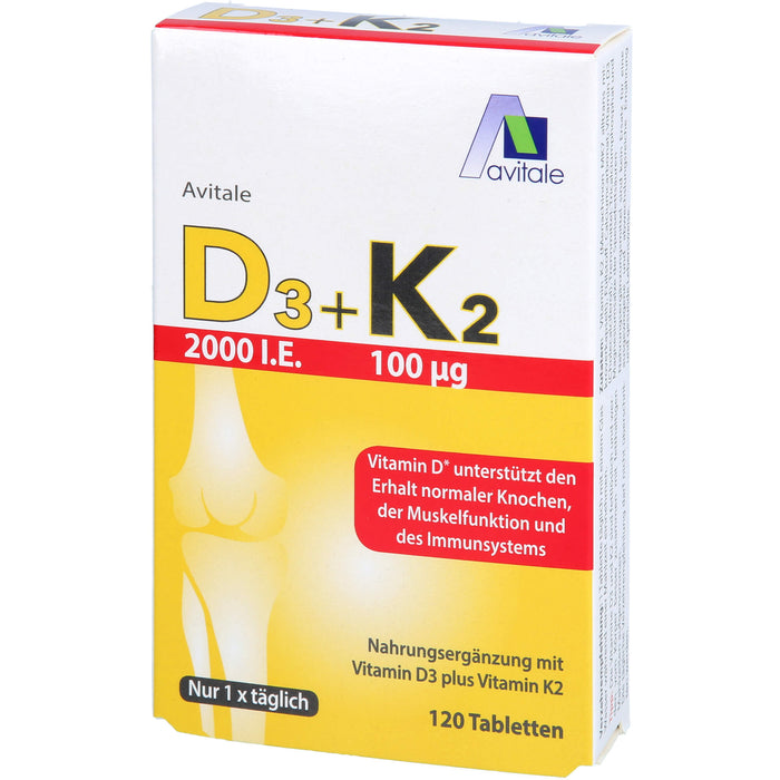 Avitale 2000 I.E. Vitamin D3 + K2 Tabletten unterstützt den Erhalt normaler Knochen, 120 pc Tablettes