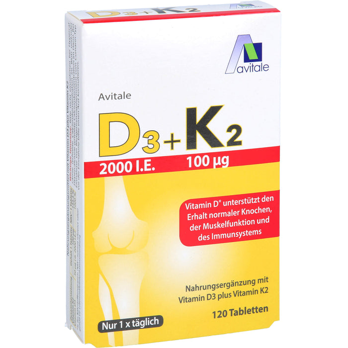 Avitale 2000 I.E. Vitamin D3 + K2 Tabletten unterstützt den Erhalt normaler Knochen, 120 pcs. Tablets