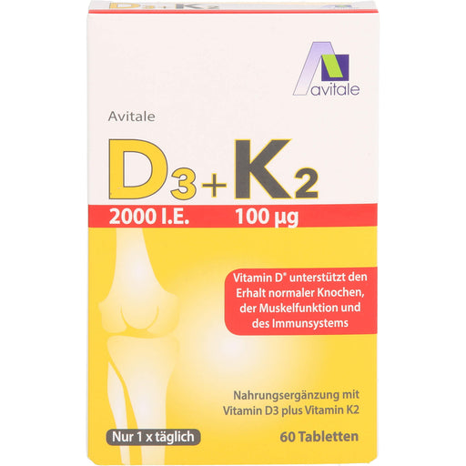 Avitale Vitamin D3 + K2 2000 I.E. Tabletten unterstützt den Erhalt normaler Knochen, der Muskelfunktion und des Immunsystem, 60 St. Tabletten