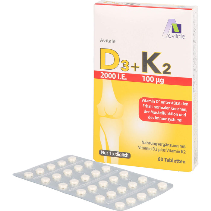 Avitale Vitamin D3 + K2 2000 I.E. Tabletten unterstützt den Erhalt normaler Knochen, der Muskelfunktion und des Immunsystem, 60 pc Tablettes