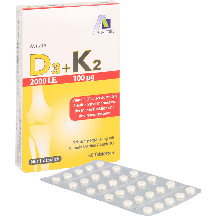 Avitale Vitamin D3 + K2 2000 I.E. Tabletten unterstützt den Erhalt normaler Knochen, der Muskelfunktion und des Immunsystem, 60 pc Tablettes