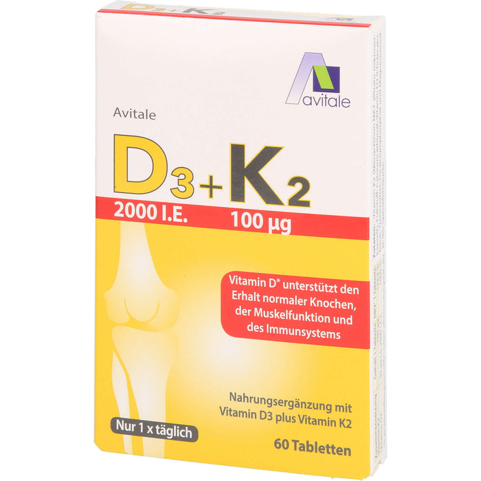 Avitale Vitamin D3 + K2 2000 I.E. Tabletten unterstützt den Erhalt normaler Knochen, der Muskelfunktion und des Immunsystem, 60 pc Tablettes