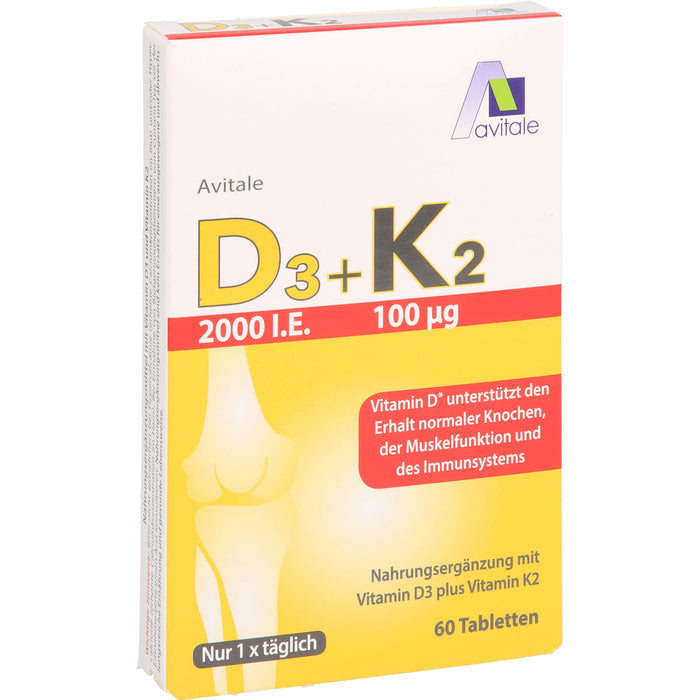 Avitale Vitamin D3 + K2 2000 I.E. Tabletten unterstützt den Erhalt normaler Knochen, der Muskelfunktion und des Immunsystem, 60 pc Tablettes