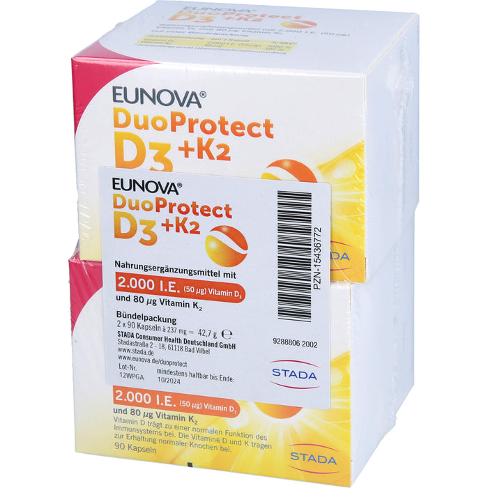EUNOVA DuoProtect D3 + K2 2000IE / 80UG zur normalen Funktion des Immunsystems & Erhaltung normaler Knochen, 180 pc Capsules