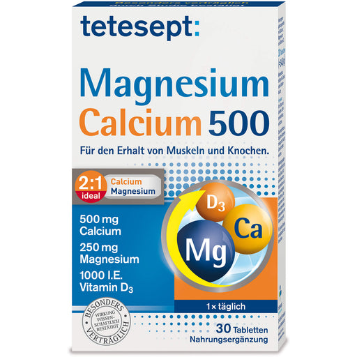 Tetesept Magnesium + Calcium 500 Tabletten für den Erhalt von Muskeln und Knochen, 30 St. Tabletten