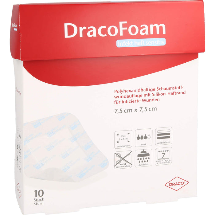 DracoFoam Infekt haft sensitiv 7,5 x 7,5 cm Schaumstoffwundauflage mit Silikon-Haftrand, 10 pcs. Wound dressings